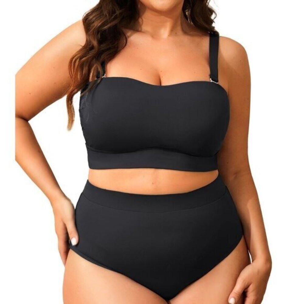 Tempt Me High Waisted Bikini Bandeau Swimsuit Black 16W NWT #2167